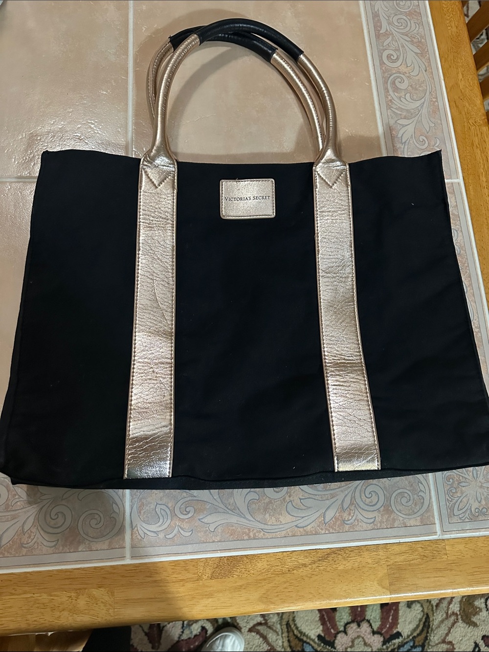 Victoria's Secret Black Tote with Metallic Gold Straps